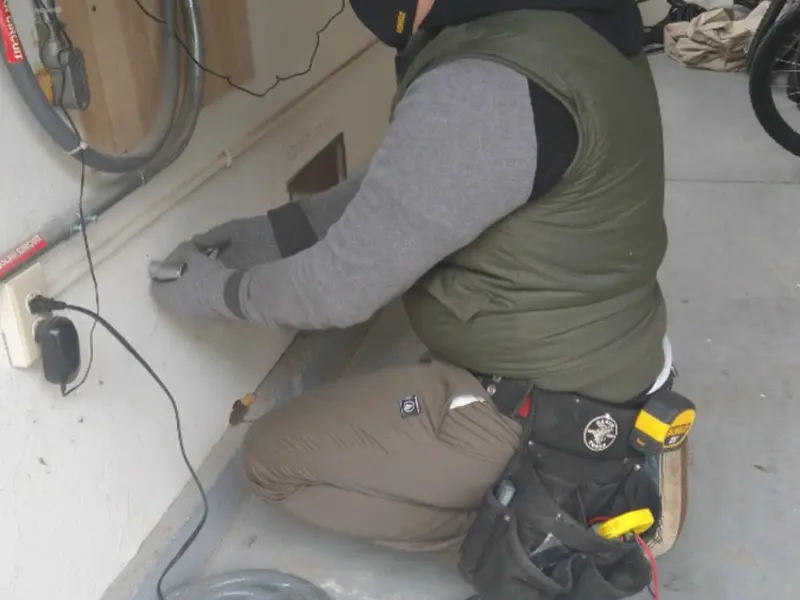 Electrician performing outlet wiring in a Pflugerville garage